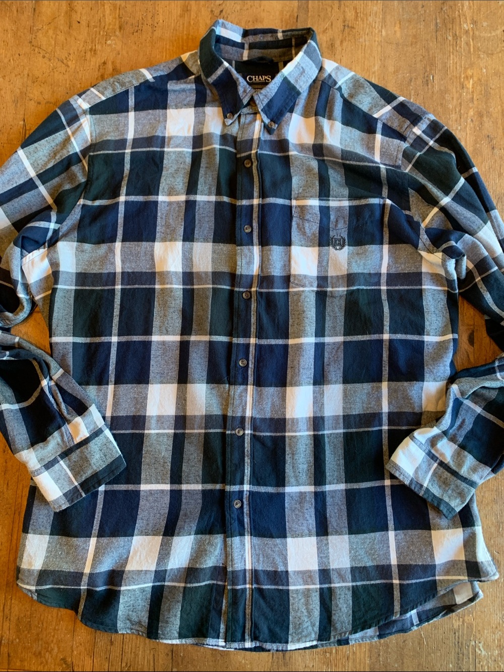 Chaps Navy, White and Gray Plaid Cotton Button-Down Shirt